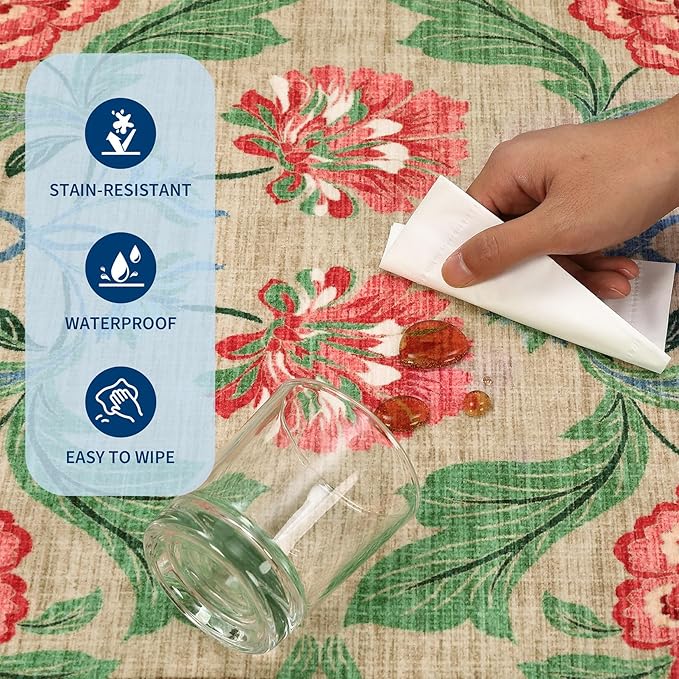 GarveeHome Floral Botanical Washable Rugs 5x7 Area Rug for Living Room, Camel Taupe Brown Vintage Boho Cottage Throw Rugs Low Pile Carpet for Bedroom Dining Nursery Rug