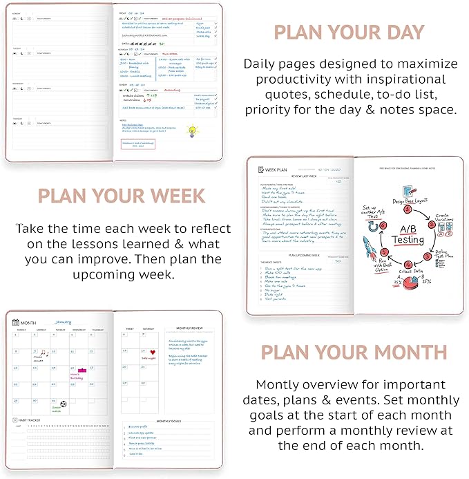 Undated Daily Planner – 1-Year B5 Productivity Organizer with Two-Page Weekly Spread, Goal Setting, Habit Tracker, Weekly & Monthly Pages – Hardcover Time Management Notebook (Rose Gold)