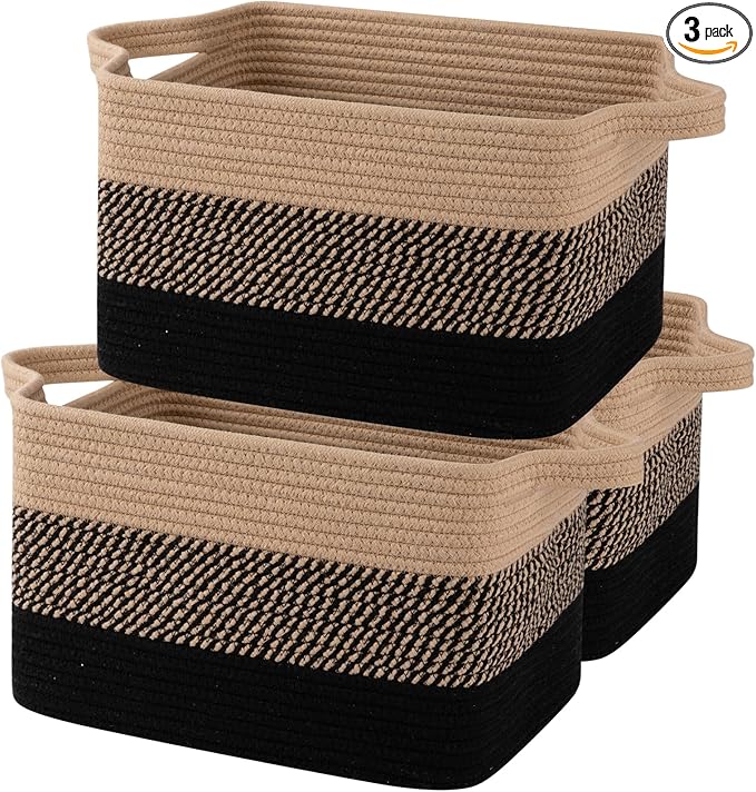 OIAHOMY Storage Basket, Woven Baskets for Storage, Cotton Rope Basket for toys,Towel Baskets for Bathroom - Pack of 3, Black & Brown