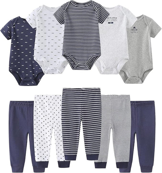 Baby Bodysuit and Pant Set 10-pcs Cotton Soft Newborn Boy Girl Clothes Outfits