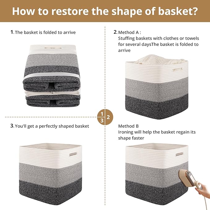 OIAHOMY 13 Kallax Inch Cube Storage Bins, 3-Pack Cotton Rope Woven Baskets for Organizing, Kallax Insert Storage Baskets for Shelves, Baby Nursery, Closet Organizer, 13*13*12.6IN, Gradient Gray