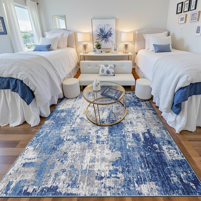 Washable Area Rugs 4'x6' Non-Slip Modern Abstract Soft for Living Room Entryway Bedroom Nursery, Print Pattern, Blue Grey Navy Gray