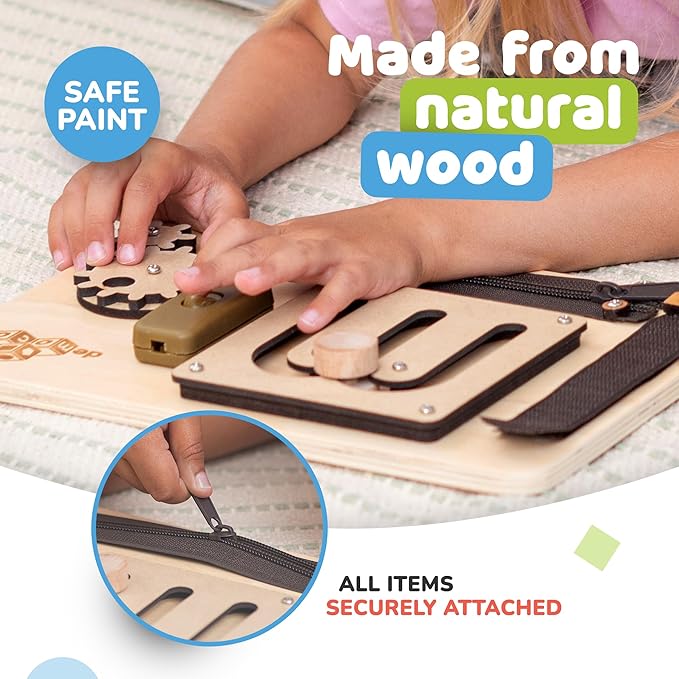 deMoca Baby Busy Board for 1 Year Old, Premium Montessori Toddler Travel Toy with Educational Activities, Sensory Travel Toys for Toddlers 1-3, Wooden Busy Board, Gift for Boy & Girl