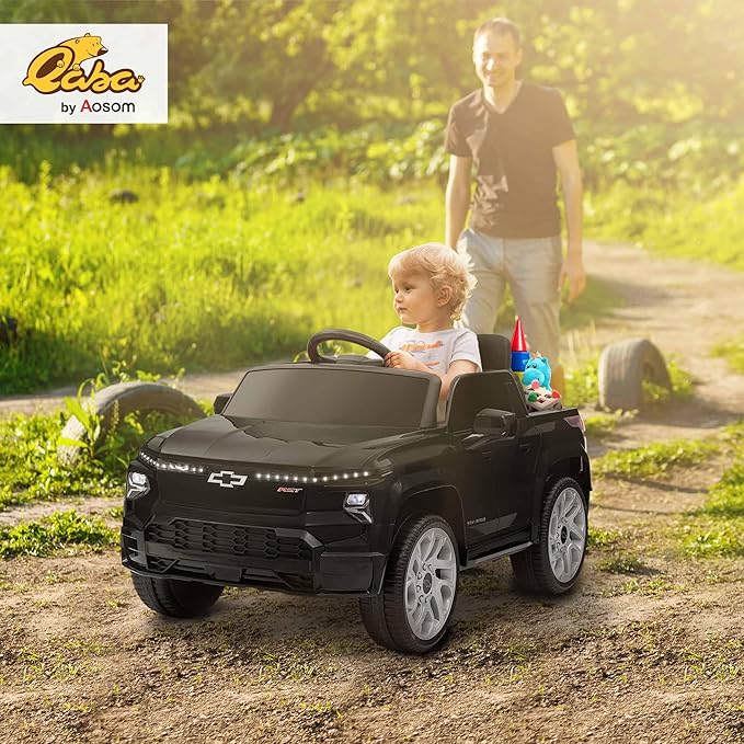 Qaba 12V Kids Ride on Truck, Chevrolet Silverado EV RST Licensed Electric Car with Parent Remote Control, Back Storage, Spring Suspension, Soft Start, Auxiliary Wheels, LED Lights, Music, MP3, Black