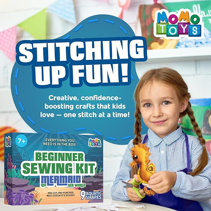 MOMOTOYS Mermaid & Sea Life Beginner Sewing Kit for Kids Ages 7+ – Includes 9 Kids Sewing Projects w/Tools & Art Supplies – DIY Felt Crafts – Girls & Boys Gifts for 7, 8, 9, 10, 11, 12 Year Old