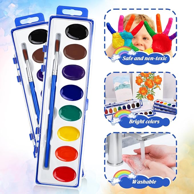 FUMILE Watercolor Paint Set Bulk,5 Pack,8 Colors Watercolors Paint with Paintbrush.Washable Watercolor Paint Set Kids for Parties,Birthday Party Favor,valentines for kids classroom.
