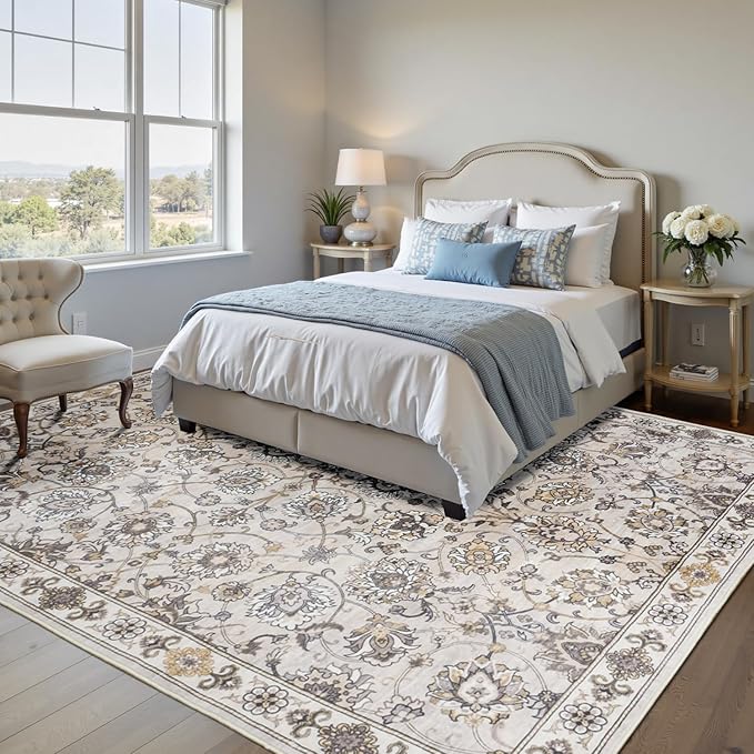 9x12 Neutral Area Rug for Living Room, Washable Large Rugs, Vintage Floral Soft Carpet, Non Slip & Low Pile, Wool Carpets for Indoor Bedroom Dining Home Playroom Office Under Table, Beige