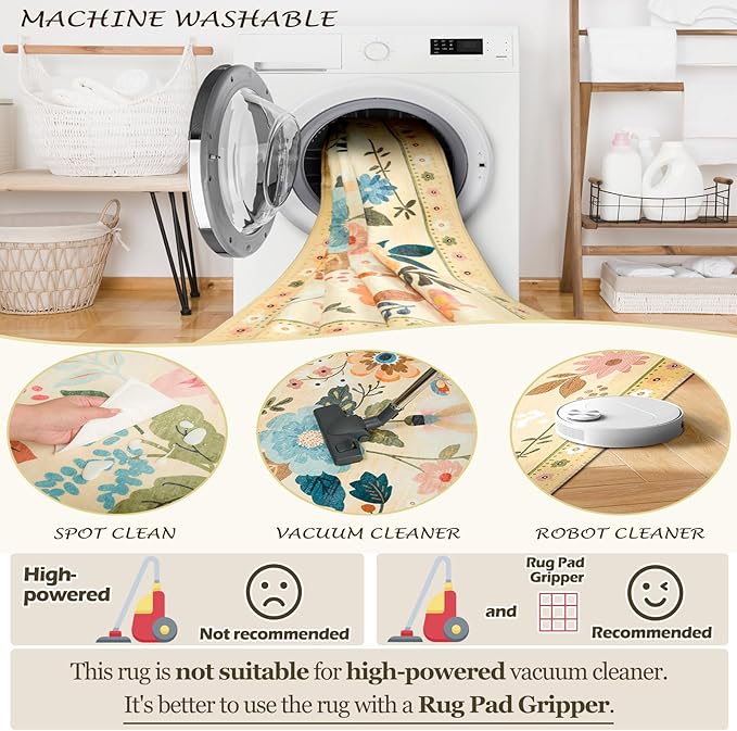Floral 3x5 Area Rug Machine Washable Soft Print Boho Carpet Non Slip Doormat Low Pile Flower Area Rugs for Living Room Bedroom Nursery Kitchen Dining Room Indoor-Ivory/Yellow