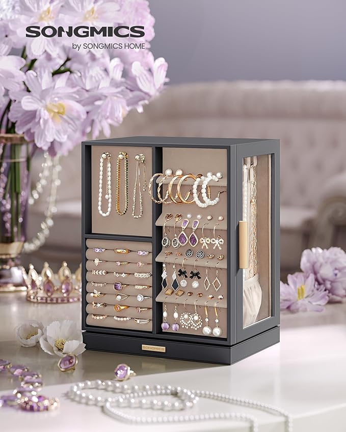 SONGMICS Jewelry Box 360° Rotating, Jewelry Storage Case with 5 Drawers, Jewelry Organizer, Glass Window, Spacious, Vertical Jewelry Storage, Open Design, Great Gift, Slate Gray UJBC170G01
