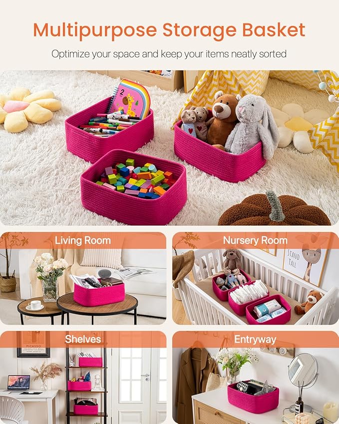 KALLAX Small Woven Basket, 13.5 x 9.5 x 5 Inches, Storage Basket for Organizing, Cute Small Rope Shelf Closet Cube Storage Bins Baskets for Shelves, Dog Toy Gift Baskets Empty, 3 Packs, Hot Pink