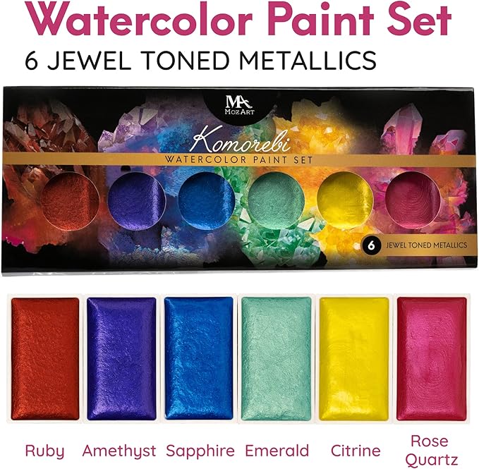 MozArt Supplies Professional Watercolor Paint Set - 6 Jewel Vibrant Colors – Light Weight and Portable Travel Watercolor Set – Perfect for Artists, Students, Kids and Hobbyist