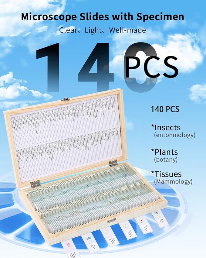 140-Pcs Microscope Slides with Specimens,Pre-Made Glass Slides with Specimens,Educational Microscope Slides and Covers for Young Scientists,Perfect for Biology Class and Experiments