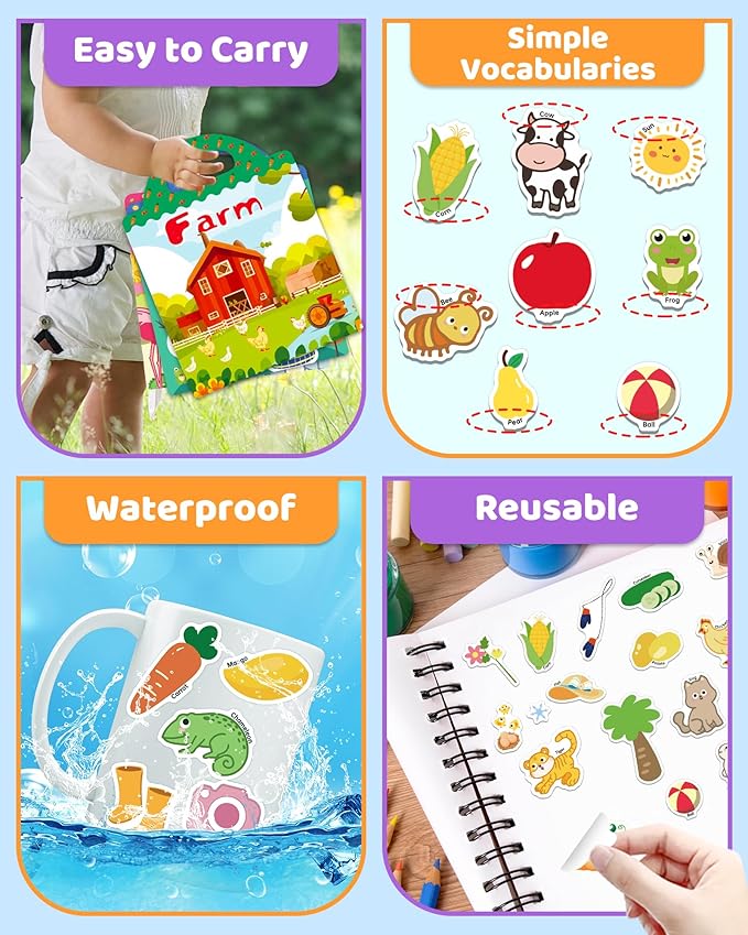 Benresive Reusable Sticker Books for Kids 2-4, Sticker Books for Toddlers 1-3 2-4, Toddler Travel Toys Activities Crafts Gifts - Farm, Animal and Season
