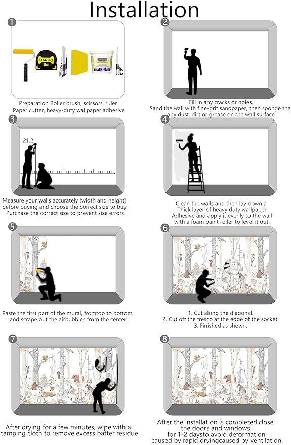 Watercolor Birch Tree Forest Wallpaper Woodland Animal Wall Mural for Kids Bedroom Nursery Room Living Room(Not Self-Adhesive)