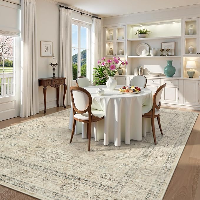 LIVEBOX Washable Area Rug 10x14 Rugs for Living Room Bedroom, Non-Slip Boho Neutral Carpet for Dining Room Office, Low-Pile Farmhouse Soft Carpets for Kids Nursery Room Playroom, Tan