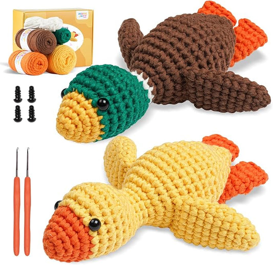 Crochet Kit for Beginners, Learn to Crochet, Include Easy Knitting Soft Yarn, Step-by-Step Video Tutorial, Hook, Holiday Birthday Gift for Adults and Kids(2 Pack Ducks)