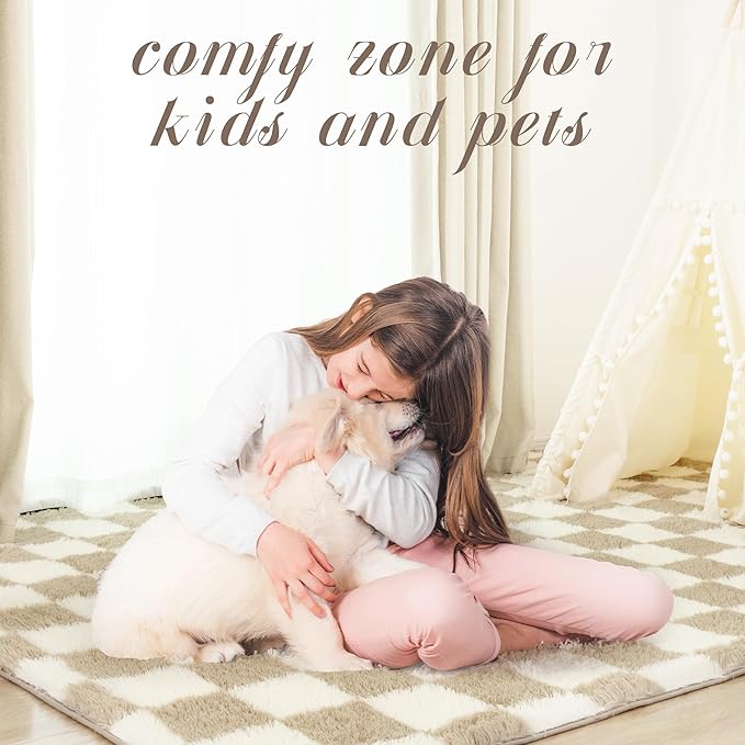 Super Soft Rug for Bedroom, 3x5 Ft Beige and White Area Rug Classic Checkered Shaggy Anti-Skid High Pile Soft Fluffy Rug Fuzzy Carpet for Living Room Bedroom Kids Room Nursery, Dorm Home Decor