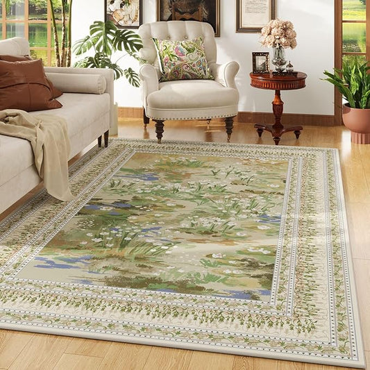 Area Rugs 8x10 Clearance Impressionist-Style Vintage Washable Area Rug Non Slip Low Pile Large Rug for Bedroom Farmhouse Dining Room Kids Playroom, Beige