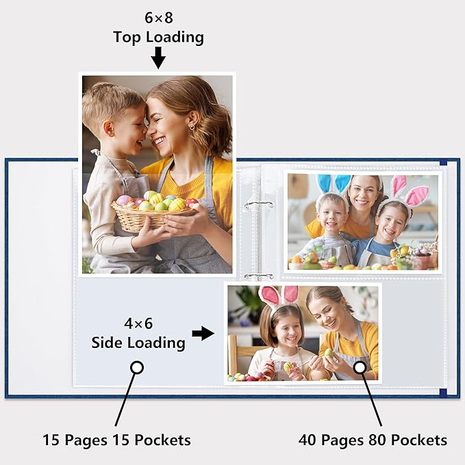 Vienrose Linen 3-Ring Photo Album Holds 190 Photos, 160 4x6 Photos and 30 6x8 Pictures, Picture Album with Multiple Size Pockets, Memory Book for Family Wedding Anniversary Baby, Blue