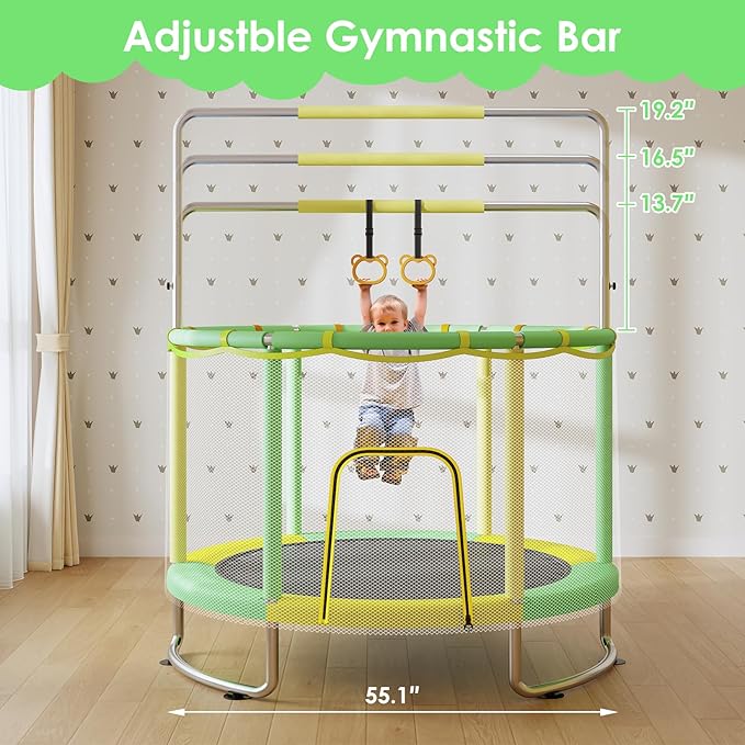 Trampoline for Kids, Upgrade Full Anti-Rust 440lbsToddler Trampoline with Net, Upgraded Ring Legs with Adjustable Gymnastics Bar&Toys, Gifts for Ages 1-8 Boys&Girls