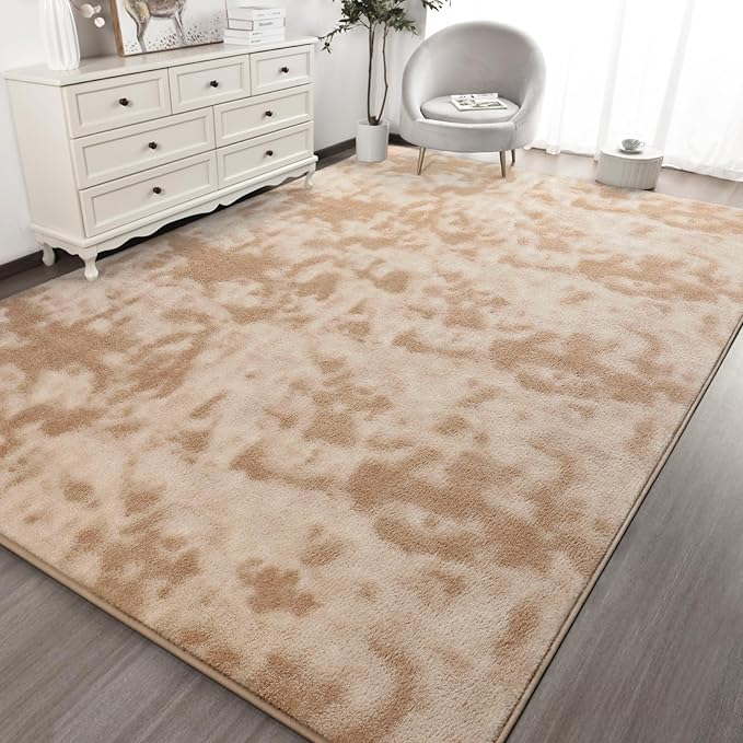 Kimicole 7x10 Washable Area Rugs for Living Room Bedroom, Large Low Pile Ulta-Thin Solid Color Rug, Non-Slip Soft Fluffy Carpet for Nursery Kids Room Dorm Room Home Decor (Light Tan)