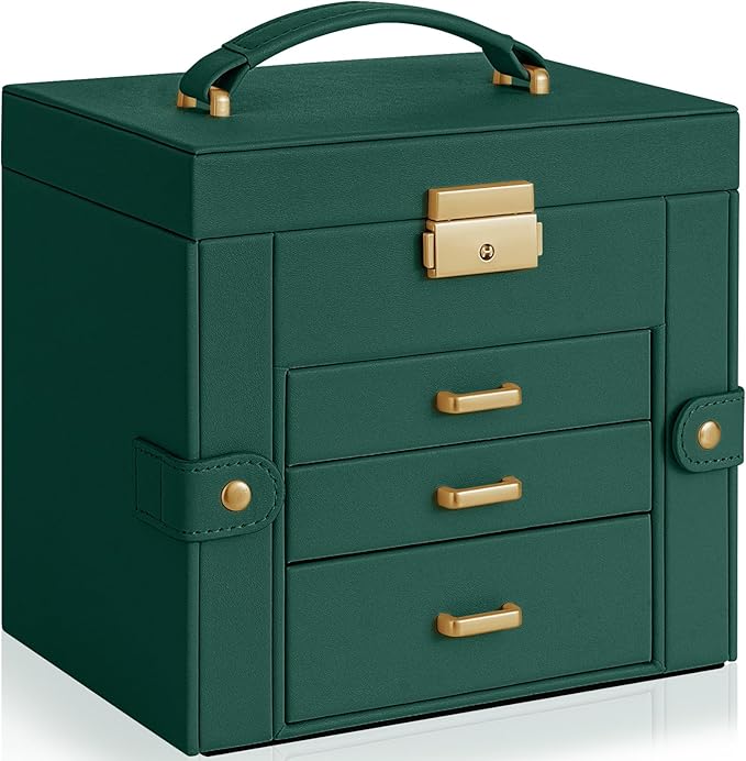 AKOZLIN 4-Tier Jewelry Box Leather Jewelry Storage Organizer with 3 Drawers Lockable for Women Girls Ring Necklace Earring Bracelet Holder with Mirror Forest Green