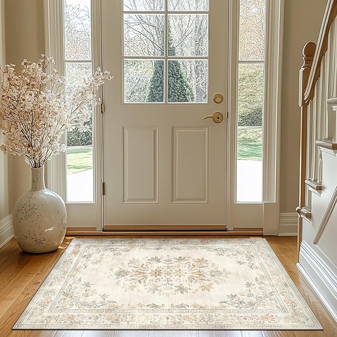 jinchan Vintage Floral 3x5 Area Rugs for Entryway - Machine Washable Distressed Design Ultra-Thin Low-Pile Soft Non-Shedding Carpet for Kitchen Bedroom Entrance Laundry Living Room (3x5ft,Light Grey)