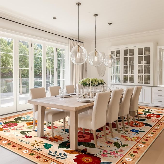 Floral 8x10 Area Rug Machine Washable Soft Print Boho Carpet Non Slip Doormat Low Pile Flower Area Rugs for Living Room Bedroom Nursery Kitchen Dining Room Indoor-Light Orange