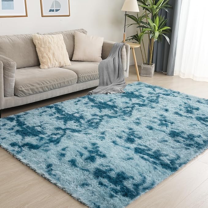 Area Rugs 8x10, Fluffy Rugs for Living Room, Ultra Soft Rugs for Bedroom, Non-Slip Indoor Carpet for Nursery, Kids Room, Playroom, Home Decor, Tie-Dyed Blue