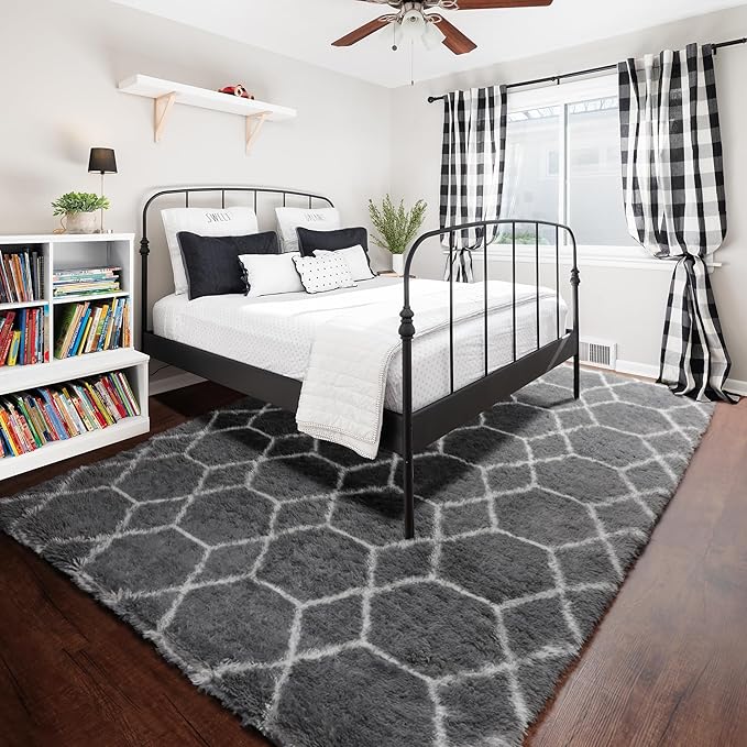 ONASAR Large Area Rugs for Living Room, 7x10 Grey and White Rug, Moroccan Thick Floor Mat for Bedroom Home Decor Aesthetic, Soft Fuzzy Shaggy Plush Fluffy Geometric Carpet for Dorm Classroom