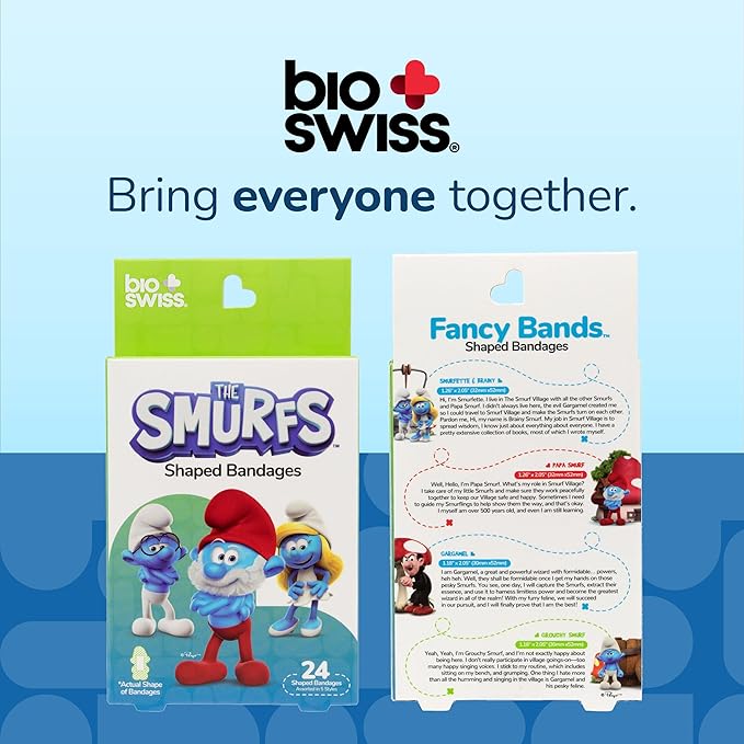 BioSwiss Bandages, The Smurfs in 3D Shaped Self Adhesive Bandage, Latex Free Sterile Wound Care, Fun First Aid Kit Supplies for Kids and Adults, 24 Count Box