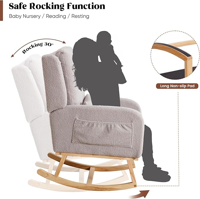 Rocking Chair Nursery, Sherpa Nursing Rocking Chairs, Upholstered Nursery Glider Rocker for Mom Nursery Morden Accent Rocking Chair Pillow for Living Room,Bedroom,Teddy Light Grey