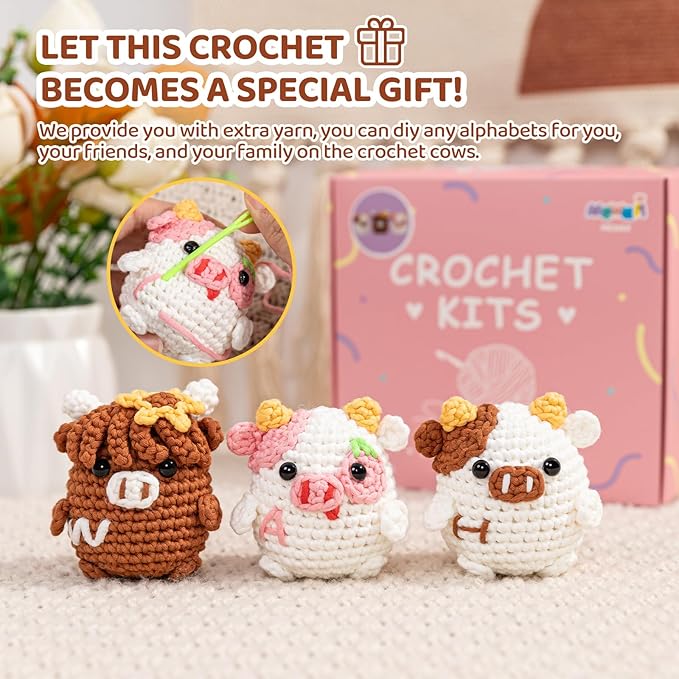 Mewaii Crochet Kit for Beginners Level 2 with 40% Extra Eco-Friendly Pre-Started Easy Yarn, Step-by-Step Video Tutorials for Adults and Kids (3 Pack Cows)