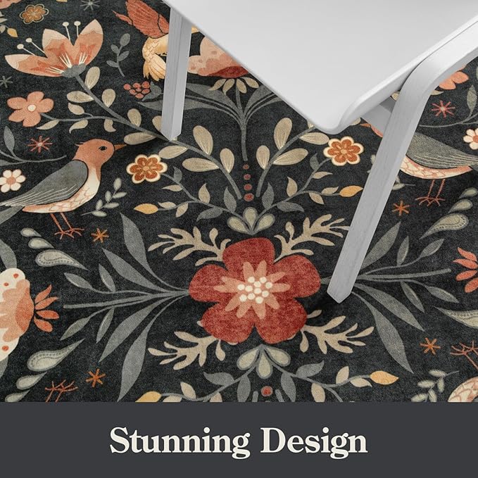Moynesa Boho Bird Area Rug 9x12 for Living Room, Washable Rugs 9x12 Black Floral Bedroom Rug Low-Pile Soft Playroom Carpet, Jungle Pattern Vintage Rug Indoor Floor Carpet for Nursery