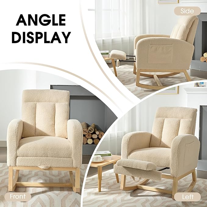 NIOIIKIT Modern Nursery Rocking Chair, Teddy Upholstered Rocking Chair with Footrest, Comfortable Glider Rocker with Side Pocket for Living Room, Bedroom, Nursing Room (Beige)