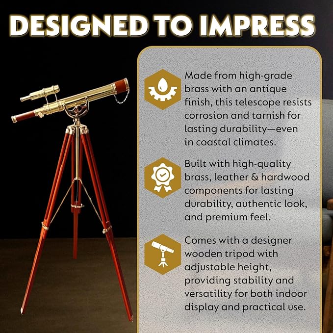 Vintage Maritime Anchor Master Telescope Shiny Brass Adjustable Wooden Tripod Royal Educational Telescopes Double Barrel Brown Leather Nautical Home Decor & Office