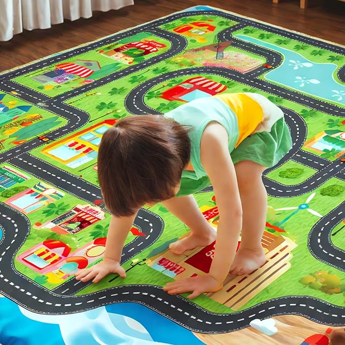 Car Rug,Kids Play Rug with Roads,Playroom Toy Car Rug, Car Track Rug City Map for Bedroom Classroom - (59X39.4 Inches)