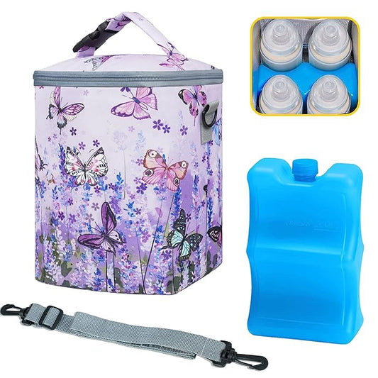 Breastmilk Bag with Ice Pack Fits 4 Bottles Up To 9 Ounce Insulated Breast Milk Cooler on the Go with Strap Baby Bottle Cooler Bag for Nursing Mom Daycare or Travel