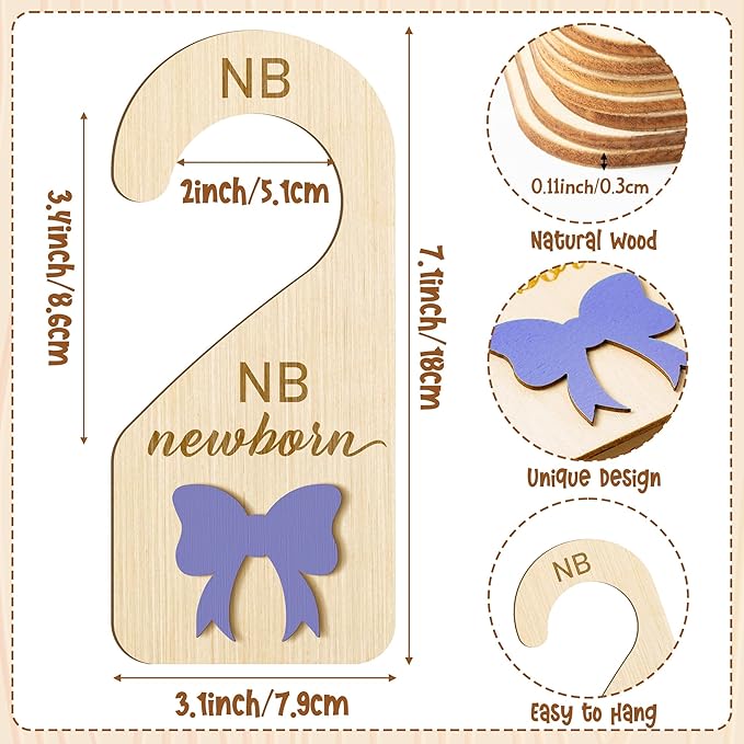 R HORSE Wooden Baby Closet Dividers - 8Pcs Double-Sided 3D Purple Bow Baby Closet Organizer Newborn Clothes Size Hanger Dividers Nursery Decor Baby Shower Birthday Gift for Boy Girl (0-24 Months)