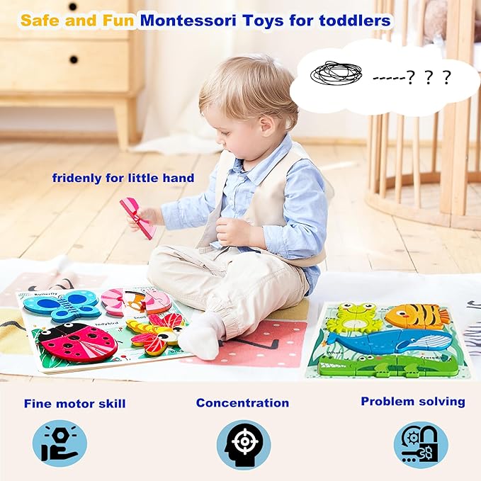 Wooden Creature Puzzles for Toddlers 2-4,Toddler Puzzle Ages 1-3, Montessori Educational Toys for 2 3 Years Old, Wood Learning Gifts for Preschool Kids Boys Girls