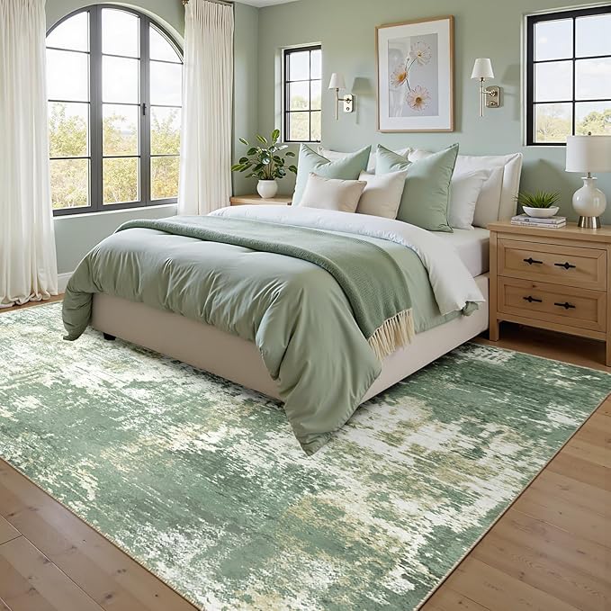 Washable Area Rugs 8'x10' Non-Slip Modern Abstract Soft for Living Room Entryway Bedroom Nursery, Print Pattern, Light Green/Yellow