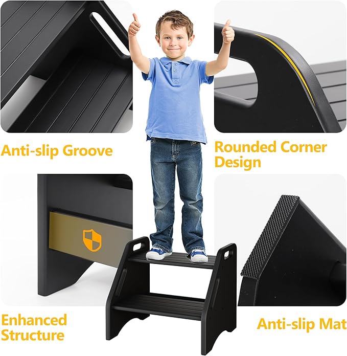 AMBIRD Wooden Step Stool, Two Step Stools 300 lbs Capacity with Safety Non-Slip Pads and Handles, Bamboo Step Stool for Bathroom, Kitchen Dual Height Step Stools for Adults (Black)