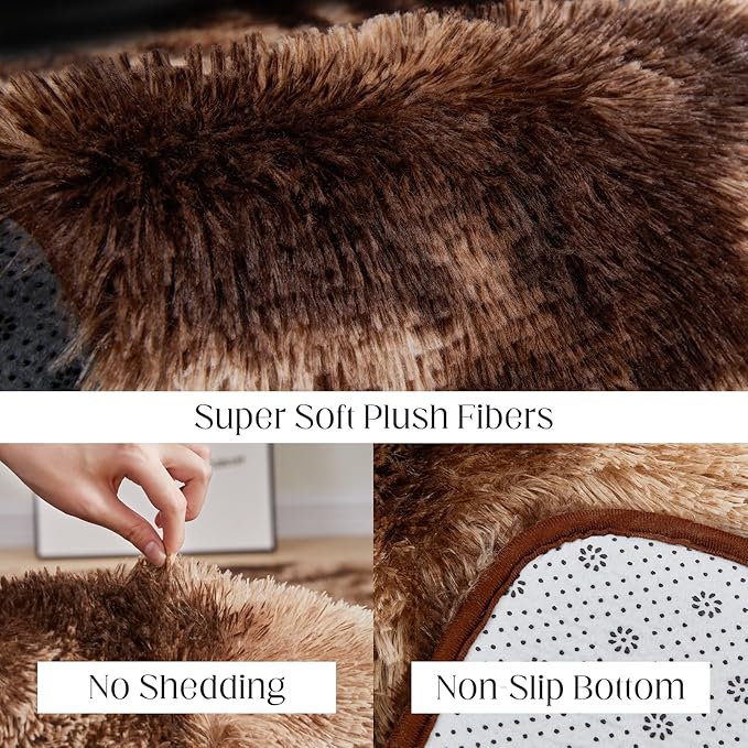 6x9 Area Rugs for Living Room, Fluffy Shaggy Bedroom Rug Indoor Carpet, Anti-Skid Soft High Pile Rug for Nursery, Kids Room, Bedside, Home Decoration, Tie-Dyed Brown