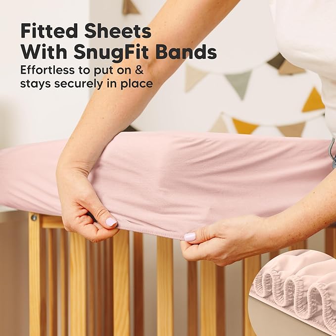 Waterproof Crib Mattress Protector Cover Fitted - 2-Pack Quiet Baby Crib Mattress Pad Sheets, 52" x 28" Soft Quilted Cotton Baby Sheet, Machine Washable, Easy Fit, Durable (Mist Rose/Quin)