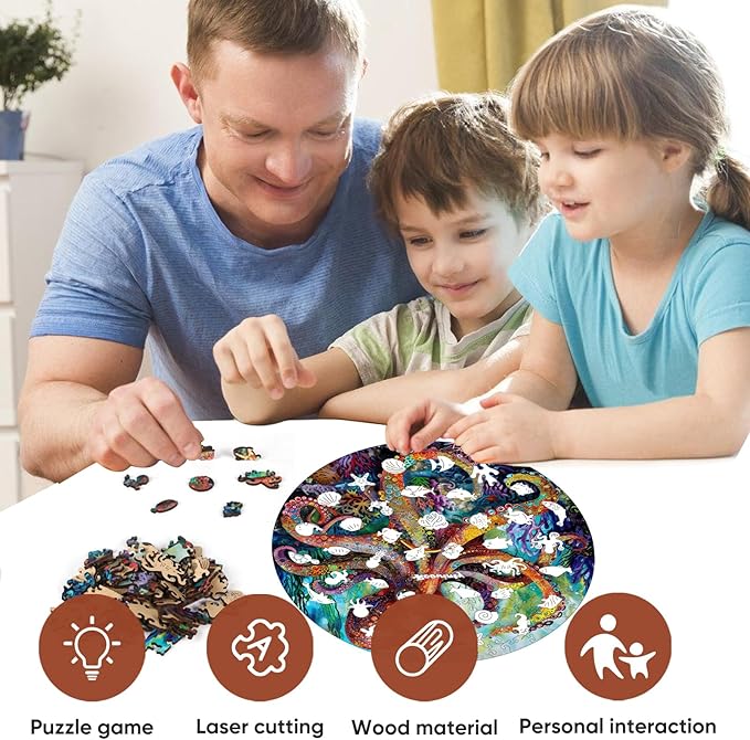 Wooden Puzzle for Adults 200pcs, Octopus Wooden Jigsaw Puzzles, Unique Shape Animal Adult Puzzles, Irregular Wood Puzzles Best Gift for Adults and Kids Family Game(11.2 * 11.2 in)