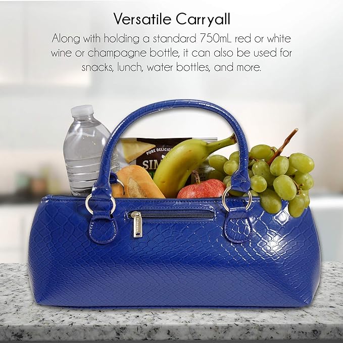 Wine Clutch Bag (Thermal Insulated) Trendy Women’s Carry Tote | Holds Red & White 750mL Bottles | Trendy Fashion | Incl. Portable Waiter-Style Corkscrew (Blue Burmese)
