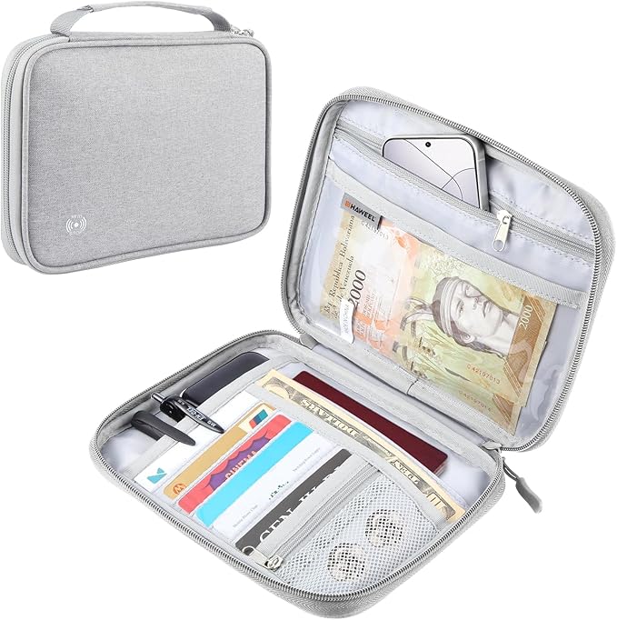 RFID Passport Wallet for Women/Men,Tote Passport Holder for Travel Family,Portable Travel Premium Wallets,Waterproof Passport Holders Bag,Travel Document Organizer Credit Cards Case(Grey-Large)