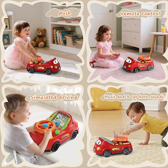 2-in-1 Toddler RC Car & Steering Wheel Toy with Music | Interactive Simulation Driving Adventure Toy for 18+ Months Baby Learning | Gift for 1.5+ Years Old Boys Girls