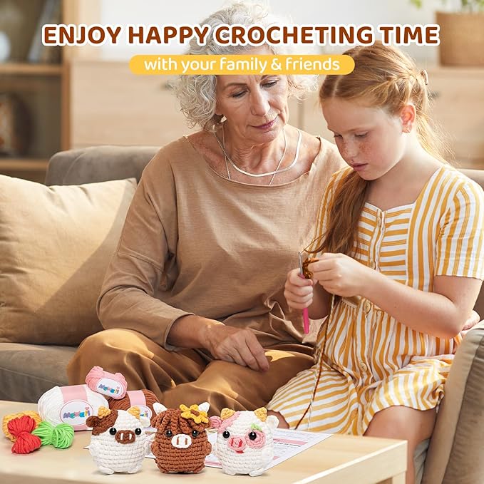 Mewaii Crochet Kit for Beginners Level 2 with 40% Extra Eco-Friendly Pre-Started Easy Yarn, Step-by-Step Video Tutorials for Adults and Kids (3 Pack Cows)