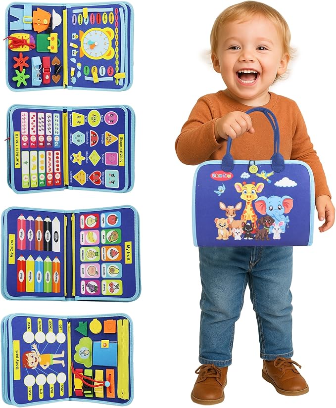 Montessori Busy Board - Ideal Busy Book Toddler Toys & Gifts for Boys & Girls, Toddler Travel Essential for Airplane & Car, Sensory Toys, Great for Baby Gifts for Boys